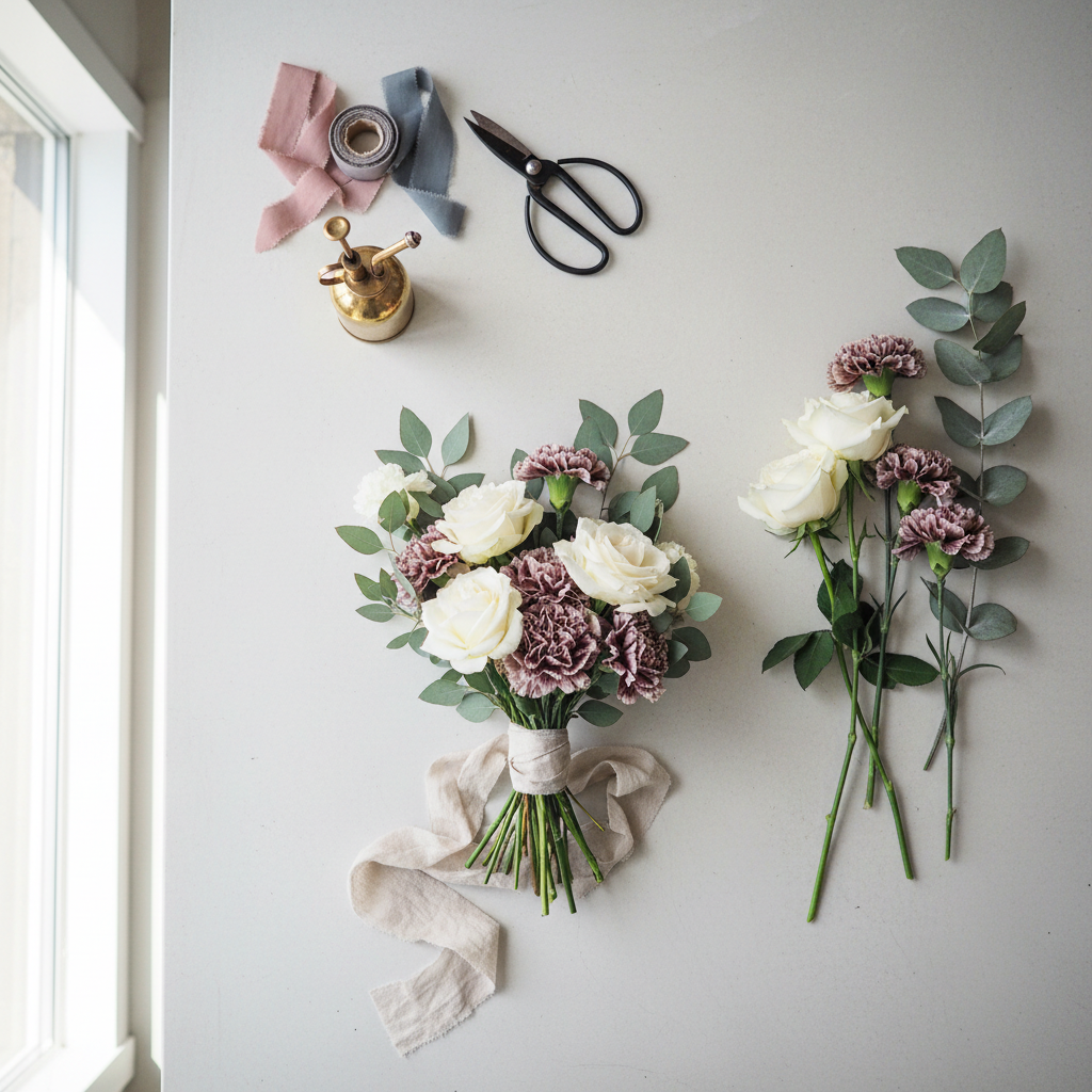 An overhead, photographic view of the floral design process at a pristine workbench in a high-end Copenhagen studio. On a clean, pale concrete surface lie sharp black-handled shears, silk ribbons in muted tones, a brass misting bottle, and clusters of fresh stems: ivory roses, dusky mauve carnations, and silvery eucalyptus. A partially constructed bouquet rests at the center, tied loosely with a natural linen ribbon. Soft, diffused daylight from a nearby window spreads evenly across the scene, emphasizing textures without harsh shadows. The composition is carefully arranged, minimalist yet rich in detail, evoking precision, artistry, and quiet focus.