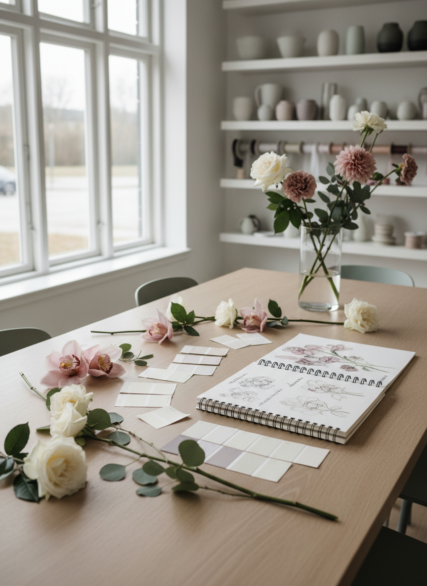 A meticulously styled flower consultation table in a modern Copenhagen studio corner, featuring a light oak tabletop with neatly arranged open sketchbooks, color swatches, and a few loose stems of roses, orchids, and eucalyptus laid out in an intentional pattern. A single tall glass vase holds a partially finished arrangement, its blooms in ivory, dusty rose, and soft mauve. Large windows to the side let in diffused overcast daylight, illuminating the textures of petals and paper. The background shows a blurred wall of neatly organized vases and ribbon spools. Photographic realism, shot from a slightly elevated angle, with a calm, thoughtful, design-focused atmosphere.