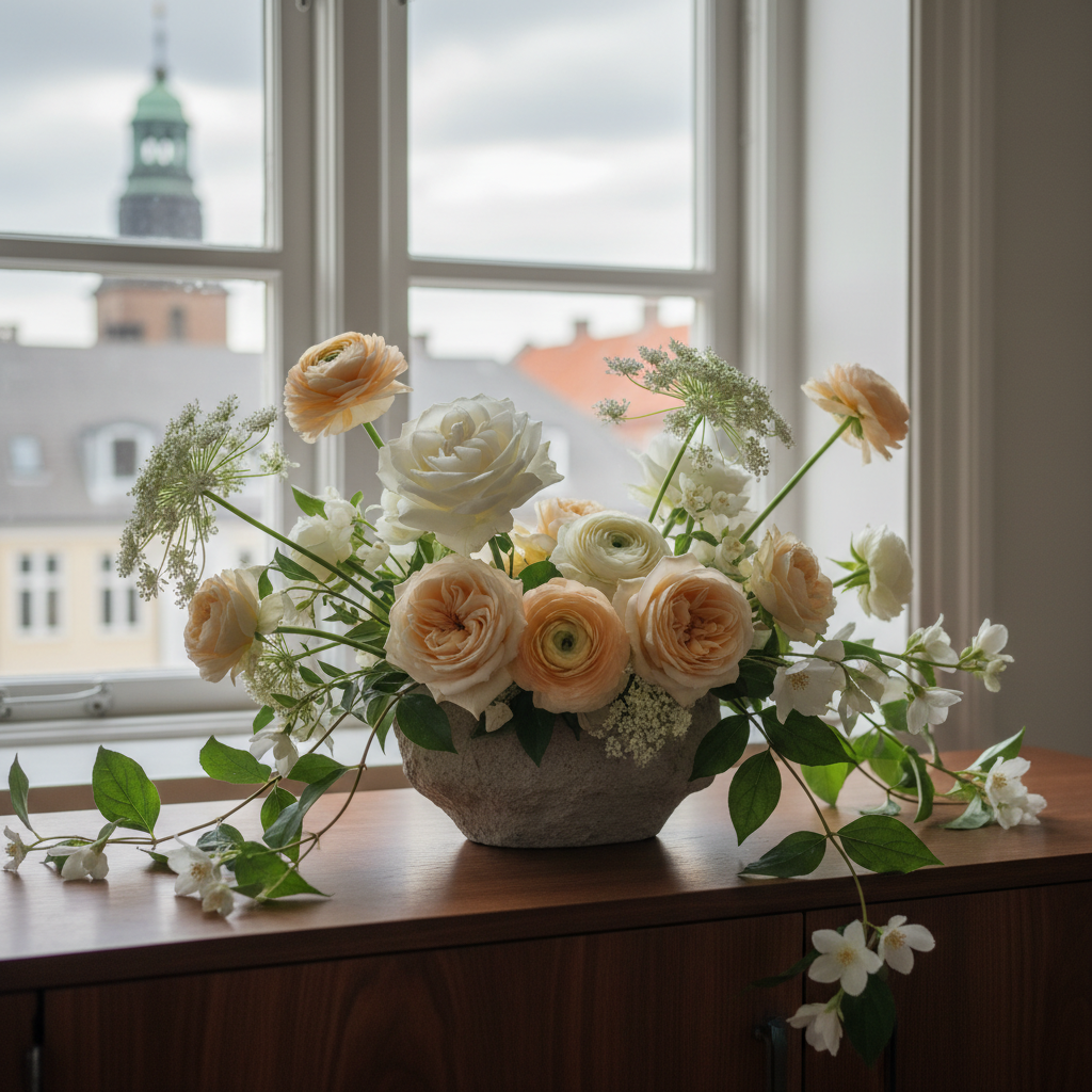 A close-up, photographic image of a signature Luxus Flower Shop arrangement styled for a Copenhagen apartment: an asymmetrical composition in a low, matte-stone vessel, featuring white and champagne roses, pale apricot ranunculus, airy Queen Anne’s lace, and trailing jasmine vines. The arrangement rests on a dark wood sideboard near a tall window, with the blurred suggestion of city rooftops outside. Soft afternoon light grazes the petals, creating luminous highlights and delicate shadows. Shot from a slightly side-on, intimate perspective with a shallow depth of field, the mood is refined, romantic, and contemporary, perfect for showcasing the shop’s design aesthetic.