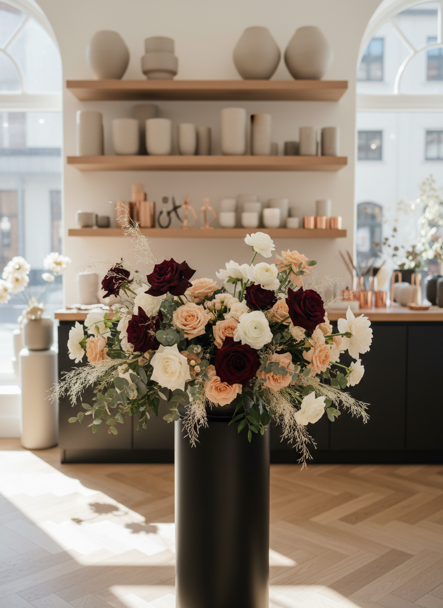A lush, overflowing luxury bouquet displayed on a slender, matte-black pedestal inside a refined Copenhagen flower boutique. The arrangement features velvety deep burgundy roses, creamy garden roses, pale blush peonies, and delicate white ranunculus, interwoven with wisps of eucalyptus and feathery grasses. Behind, minimal shelving with neutral vases and curated floral tools fades into a soft blur. Natural daylight streams through a large front window, reflecting off polished herringbone floors and casting gentle shadows. Photographic realism, shot at eye level with a shallow depth of field, creating a calm, sophisticated atmosphere suited for a high-end florist’s homepage hero image.