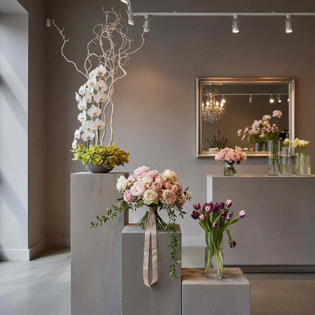 A refined corner of the Luxus Flower Shop showcasing seasonal arrangements on staggered stone plinths. Each plinth displays a different style: a tall architectural design with sculptural branches and orchids, a rounded romantic bouquet with peonies and roses, and a minimalist cluster of tulips in a slender glass cylinder. The backdrop is a smooth, warm-gray wall with a single large mirror reflecting hints of the shop interior. Soft, directional track lighting highlights each arrangement, while faint natural light from a side window adds dimension. Photographic realism, captured from a slightly low angle, creating a gallery-like, sophisticated exhibition feel.
