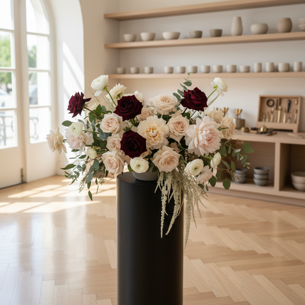 A lush, overflowing luxury bouquet displayed on a slender, matte-black pedestal inside a refined Copenhagen flower boutique. The arrangement features velvety deep burgundy roses, creamy garden roses, pale blush peonies, and delicate white ranunculus, interwoven with wisps of eucalyptus and feathery grasses. Behind, minimal shelving with neutral vases and curated floral tools fades into a soft blur. Natural daylight streams through a large front window, reflecting off polished herringbone floors and casting gentle shadows. Photographic realism, shot at eye level with a shallow depth of field, creating a calm, sophisticated atmosphere suited for a high-end florist’s homepage hero image.
