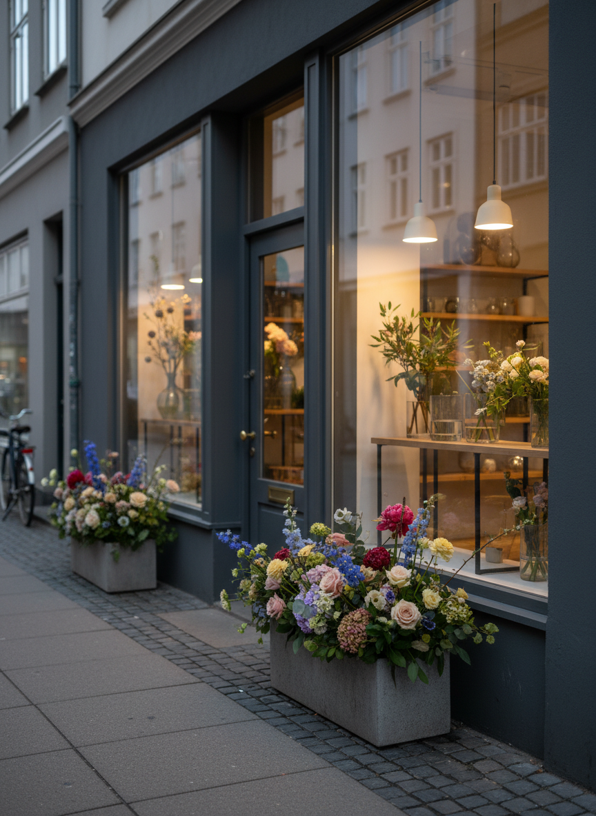 An elegant view of the Luxus Flower Shop storefront on a quiet Copenhagen street, featuring a refined charcoal-gray facade, tall glass windows, and a simple brass handle on the door. Exquisite bouquets and artful arrangements are displayed in understated stone planters along the sidewalk, with muted pastels and deep jewel-toned flowers contrasting against the architecture. Inside, glimpses of minimalist shelving and soft, warm pendant lighting are visible. Early evening natural light blends with the interior glow, creating a welcoming yet upscale mood. Photographic realism, captured from a slightly angled street-level perspective, with sharp focus on the shop and subtle bokeh on the surrounding city details.