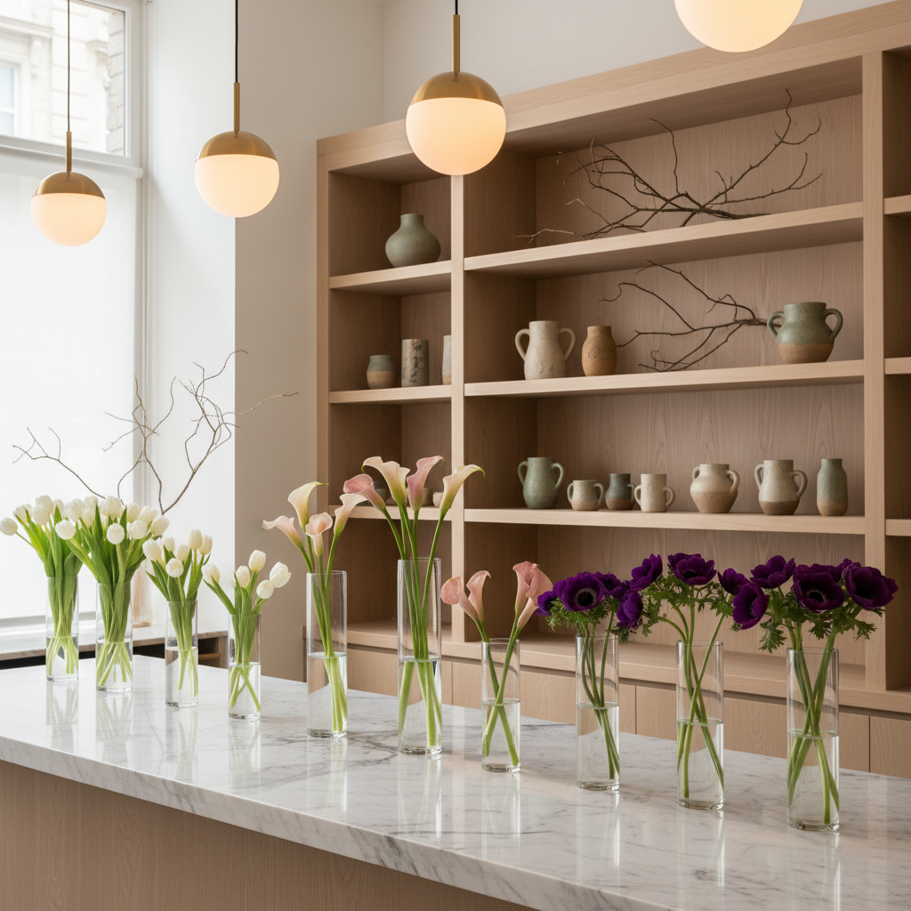 A serene interior vignette of the Luxus Flower Shop, featuring a long, narrow marble-topped counter with neatly lined minimalist glass vases, each holding a single type of premium bloom: long-stemmed white tulips, pale pink calla lilies, deep plum anemones. Behind the counter, built-in wooden shelving in light ash displays curated ceramic vessels and sculptural branches. Soft, warm pendant lights hang overhead, mixing with gentle natural window light to create subtle reflections on the marble. Photographic realism, shot at eye level with balanced depth of field, evoking a tranquil, gallery-like ambience that emphasizes craftsmanship and sophistication.